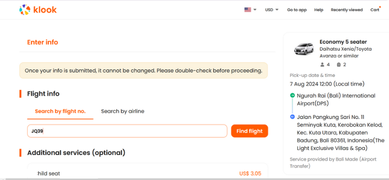 Klook Airport Transfers - Flight Info