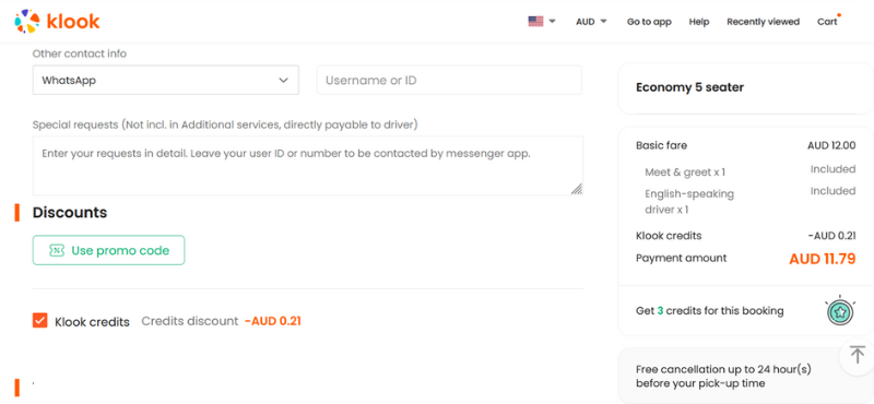 Klook Airport Transfers - WhatsApp, Apply Klook Credits & Apply Promo Code